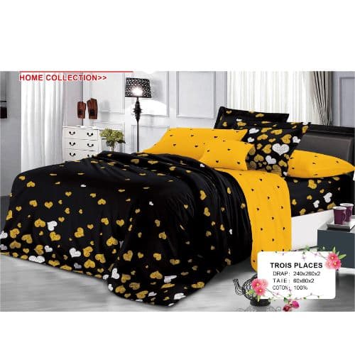 Ensemble de Drap +Taie, Trois Places avec Motif Cœurs Or &amp; Blanc sur Fond Noir