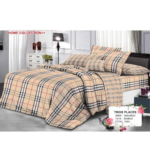 Ensemble de Drap +Taie, Trois Places avec Motif Carreaux à l'Élégance Anglaise