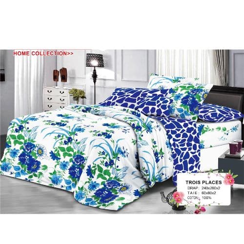 Ensemble de Drap +Taie, Trois Places avec Motif Harmonie Bleu, Vert &amp; Blanc