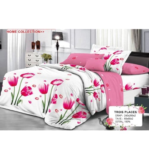 Ensemble de Drap +Taie, Trois Places avec Motif de Tulipes et Baisers Tendres