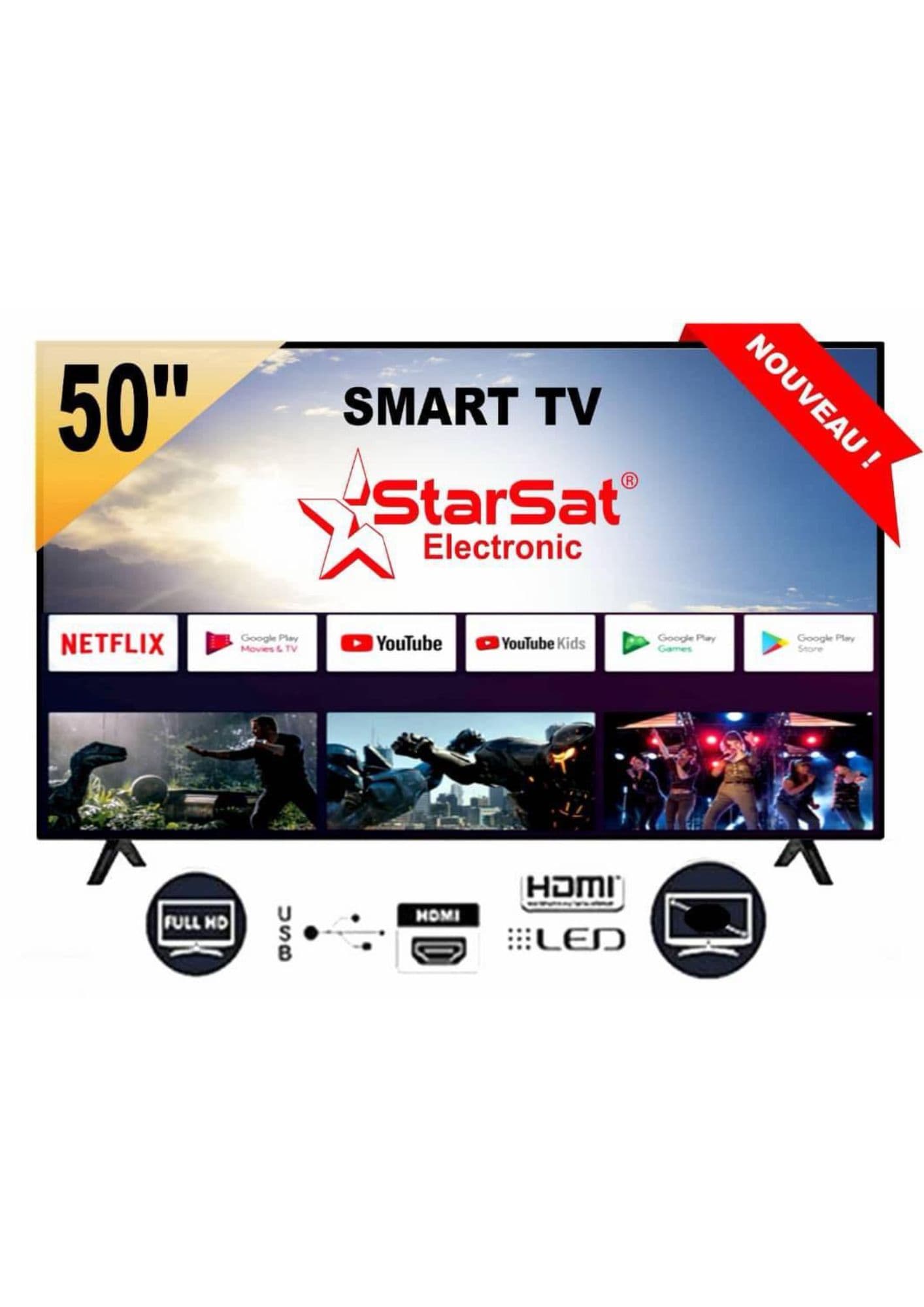 Smart TV LED 50 pouces Wifi Android, Bluetooth eShare, écran plat intelligent STARSAT